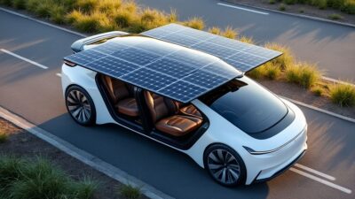 Photo d'une voiture électrique avec des panneaux solaires intégrés, optimisant l'énergie.