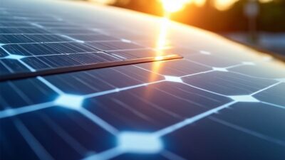 Image rapprochée d'un toit solaire réfléchissant avec une voiture électrique high-tech