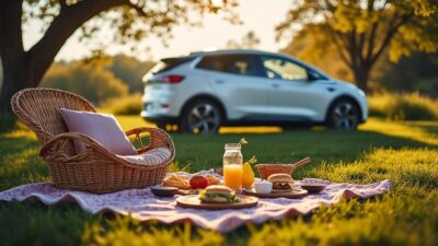 Aménagement de pique-nique agréable à côté d'une voiture électrique pour des pauses relaxantes en voyage.
