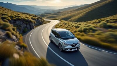 "Vue aérienne de la Renault Scénic mettant en valeur son design et sa performance sur une route sinueuse"
