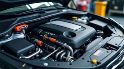 Compartiment moteur avec outils, prêt pour un diagnostic approfondi.