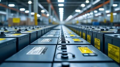 Gros plan sur les batteries recyclées de véhicules électriques dans une installation structurée en Chine