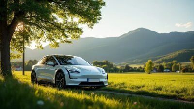 Scène tranquille de campagne norvégienne avec une voiture électrique près d'un champ vert luxuriant