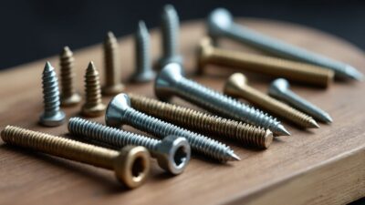 Collection de vis auto-taraudeuses de différentes tailles et finitions soigneusement arrangées sur une surface en bois.