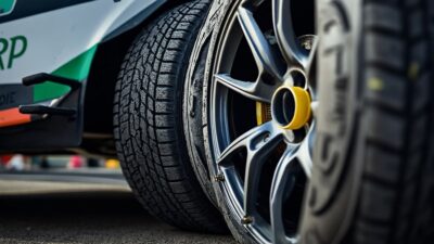 Photo illustrant la texture et l'adhérence exceptionnelle des pneus sur une voiture de rallye.