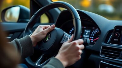 Mains réglant les commandes d'une Skoda Fabia pendant l'observation du tableau de bord pour une conduite sans à-coups.
