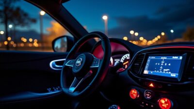 Vue intérieure nocturne du Nissan Juke avec tableau de bord illuminé