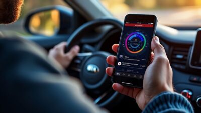Illustration d'une appli mobile sur smartphone présentant les voyants d'avertissement voiture pour Kia Sportage.