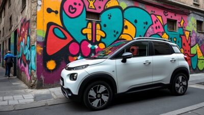 Image aérienne de la Citroën AMI, véhicule moderne encerclé par l'art coloré de la rue.