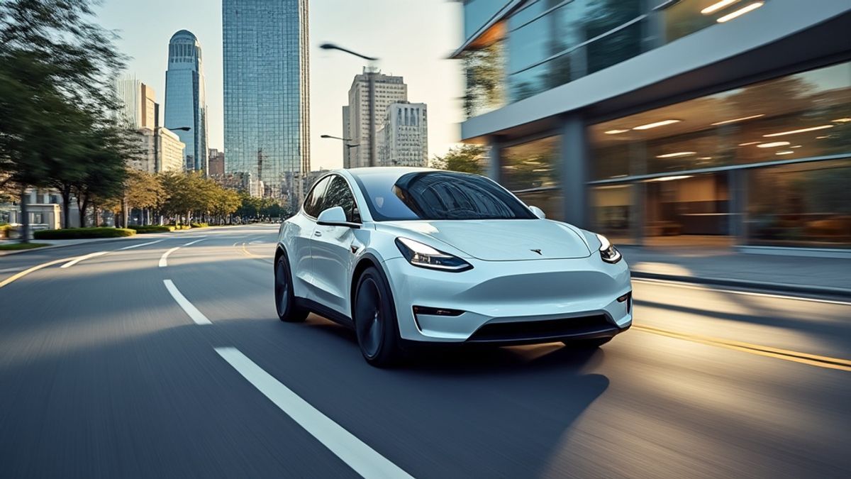 Image d'une Tesla Model Y conduisant dans une ville contemporaine