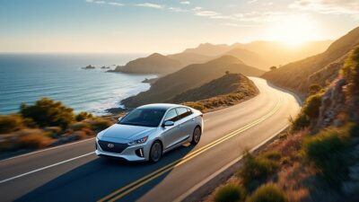 Image aérienne de la Hyundai Ioniq en mouvement sur une route côtière panoramique.