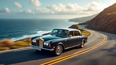 Voiture RollsRoyce Silver Shadow le long d'un paysage côtier avec vue sur l'océan