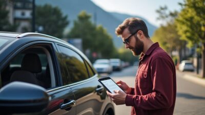 Personne évaluant les caractéristiques d'une voiture à la lumière du jour