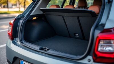 Image d'une Dacia Spring avec le coffre ouvert montrant un espace intérieur généreux pour faciliter la vie urbaine.