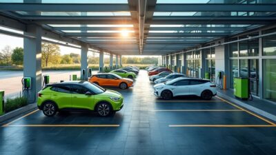 Vue aérienne de voitures électriques connectées à une station avancée, démontrant l'essor des infrastructures durables.