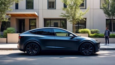 Profil de la Tesla Model Y dans un cadre urbain, illustrant élégance et robustesse.