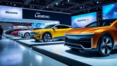 Aperçu d'une exposition d'automobiles mettant en avant des innovations électriques de différentes marques