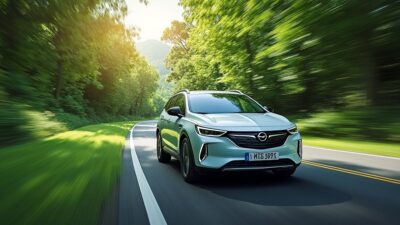 Image d'un break Opel électrique traversant un paysage vert et soutenant la durabilité.