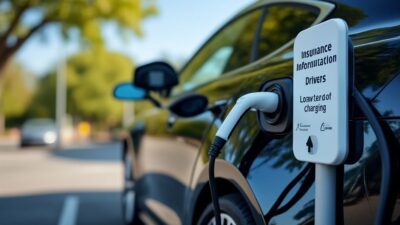 Image en gros plan d'une station de recharge pour véhicule électrique montrant des détails sur l'assurance.