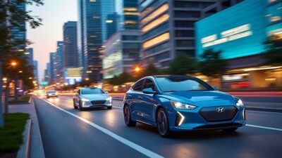 Vue d'une ville moderne avec des voitures électriques, mettant en avant les progrès des batteries Hyundai.