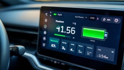 Image d'un tableau de bord de voiture électrique montrant l'autonomie de la batterie et les statistiques d'efficacité écologique.