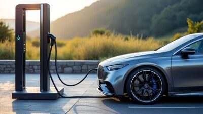 Scène futuriste de voiture Mercedes en charge rapide dans un environnement pittoresque