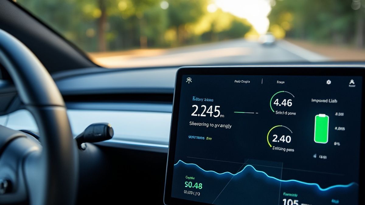 Vue sur le tableau de bord Tesla montrant l'efficacité accrue et la portée améliorée en conduite