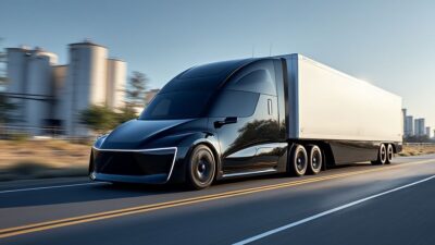 Camion Tesla Semi en mouvement à travers un paysage industriel moderne