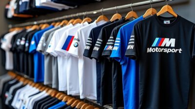 Collection de t-shirts BMW Motorsport variés et stylés exposée proprement.