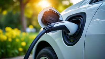 Gros plan d'une station de recharge pour véhicule électrique Renault avec une végétation luxuriante