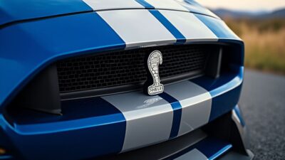 Image détaillée du logo Shelby sur une calandre symbolisant sa réputation historique