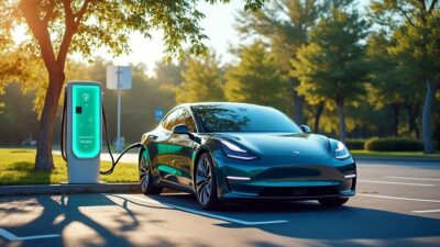 Scène extérieure colorée montrant un véhicule électrique à une borne de recharge, illustrant l'engagement écologique et l'accessibilité.