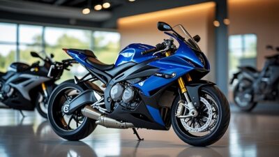 Vue sur un showroom éclairé avec des motos BMW aux finitions polies
