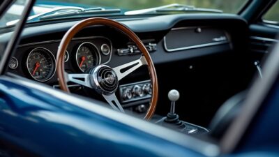 Photo du tableau de bord vintage de la Shelby GT avec des compteurs rétro et un volant exceptionnel