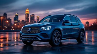 Capture nocturne de la silhouette élégante du Mercedes GLC électrique sous les lumières de la ville.