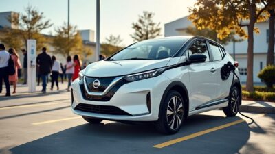 Scène urbaine avec une Nissan Pixo électrique en pleine charge à une borne publique, entourée de passants ébahis.