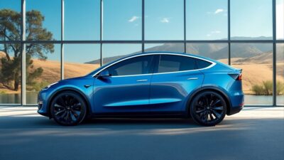 Image de profil d'une Tesla Model Y avec fenêtres panoramiques réfléchissant le ciel bleu et la nature.