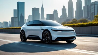 Photo de Leapmotor C stationnée avec horizon urbain lumineux mettant en valeur son design contemporain.