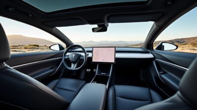 Vue intérieure spacieuse de la Tesla Model avec panorama