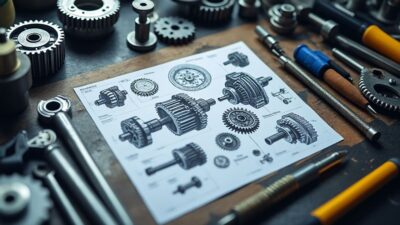 Diagrammes de boîtes de vitesses sur un établi avec outils mécaniques.