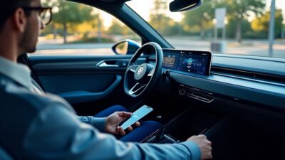 Intérieur de la nouvelle Volkswagen électrique avec des fonctionnalités technologiques avancées.