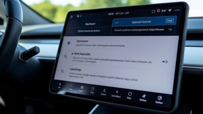 Interface écran tactile Tesla montrant réglages des fonctionnalités en supplément
