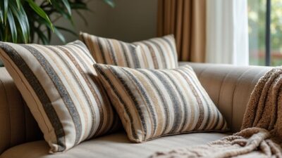 Image d'un intérieur confortable avec des coussins en tissu rayé apportant du charme