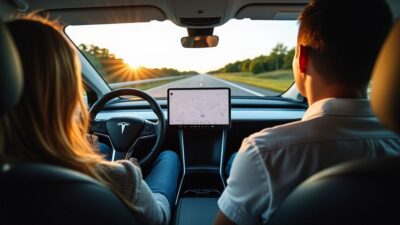 Intérieur d’une voiture autonome Tesla avec passagers sur autoroute