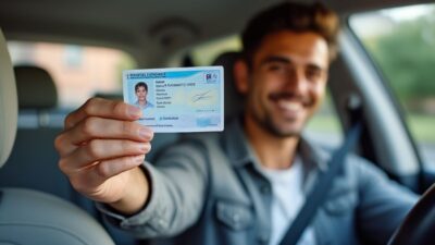 Une main en gros plan serre un permis de conduire avec un visage souriant en arrière-plan