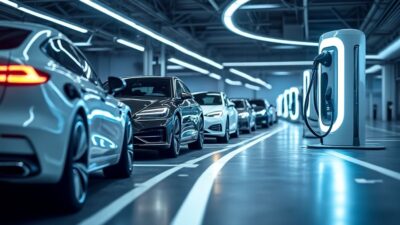 Vue dynamique d'une station de recharge innovante avec plusieurs voitures, illustrant l'efficacité et les technologies modernes.