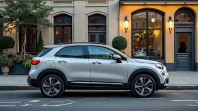 Vue latérale de la Fiat break dans un cadre urbain pittoresque