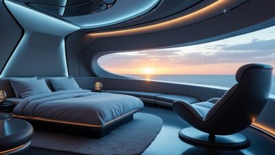 Vue intérieure d'une cabine futuriste avec des lignes modernes et un éclairage chaleureux