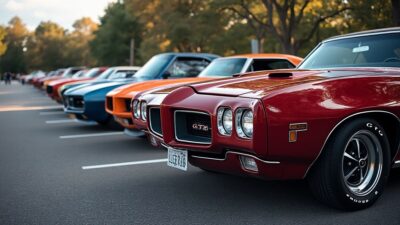 Modèles Pontiac GTO exposés à un événement automobile, rendant hommage aux voitures muscle classiques américaines.