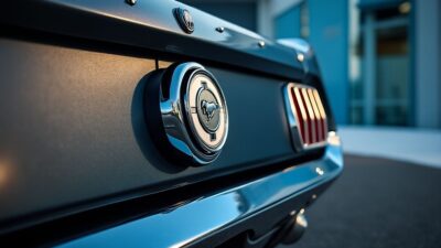 Vue rapprochée de l'emblème et du fini de peinture spéciale d'une Mustang GT rénovée.